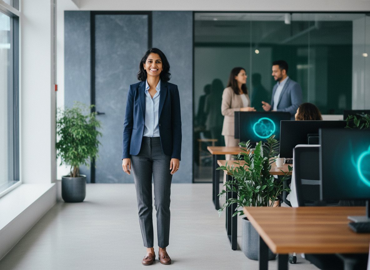 A confident technical professional smiling in a bright modern office.