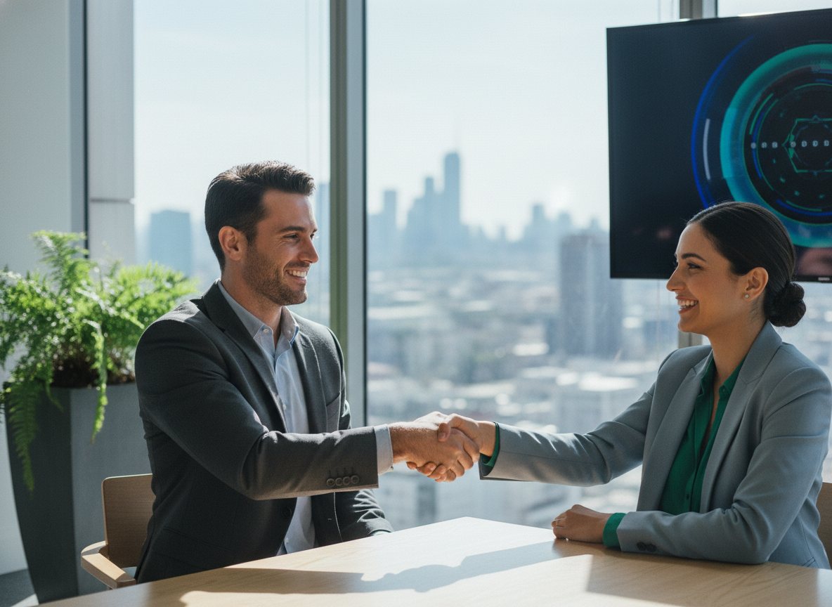 A hiring manager shaking hands with a candidate after a successful interview in a modern office.